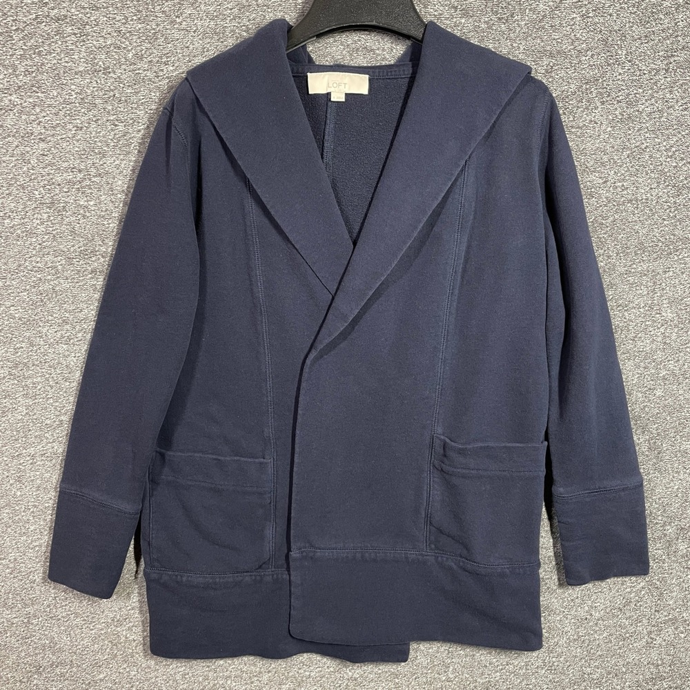 LOFT Ann Taylor Cardigan Hooded Size S Navy Blue Fleece Open Front Jacket‎